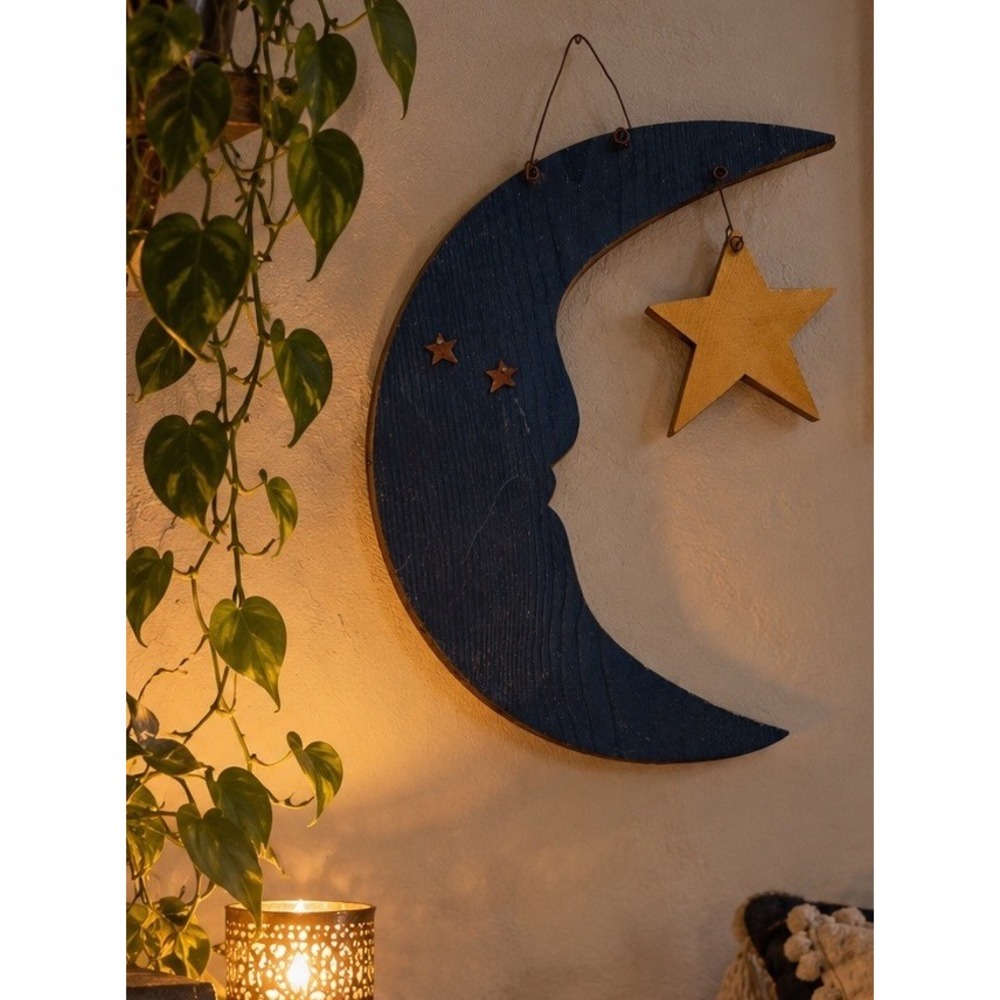 Vintage Celestial Crescent Moon Star Wood Wall Hanging Whimsigoth Folk Art 14"
